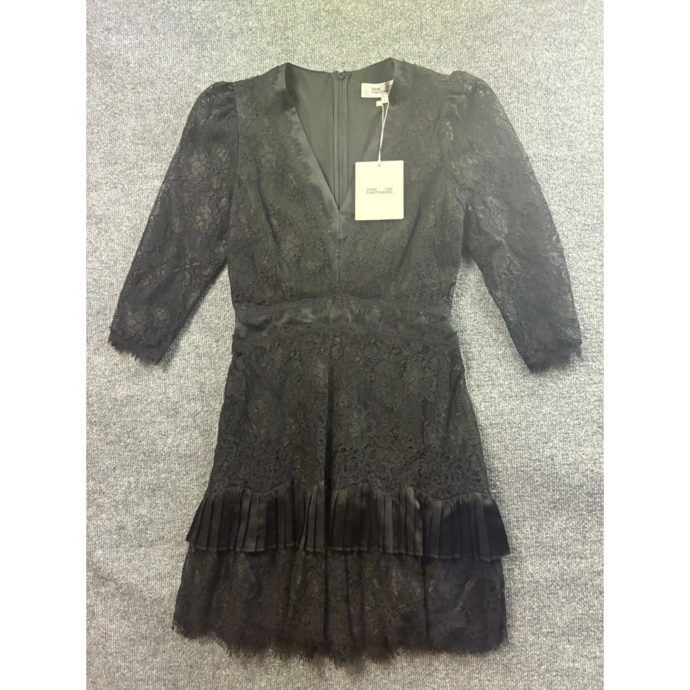 Diane von Furstenberg Adrina Dress Women 4 Black Lace Satin Trim Mini $498